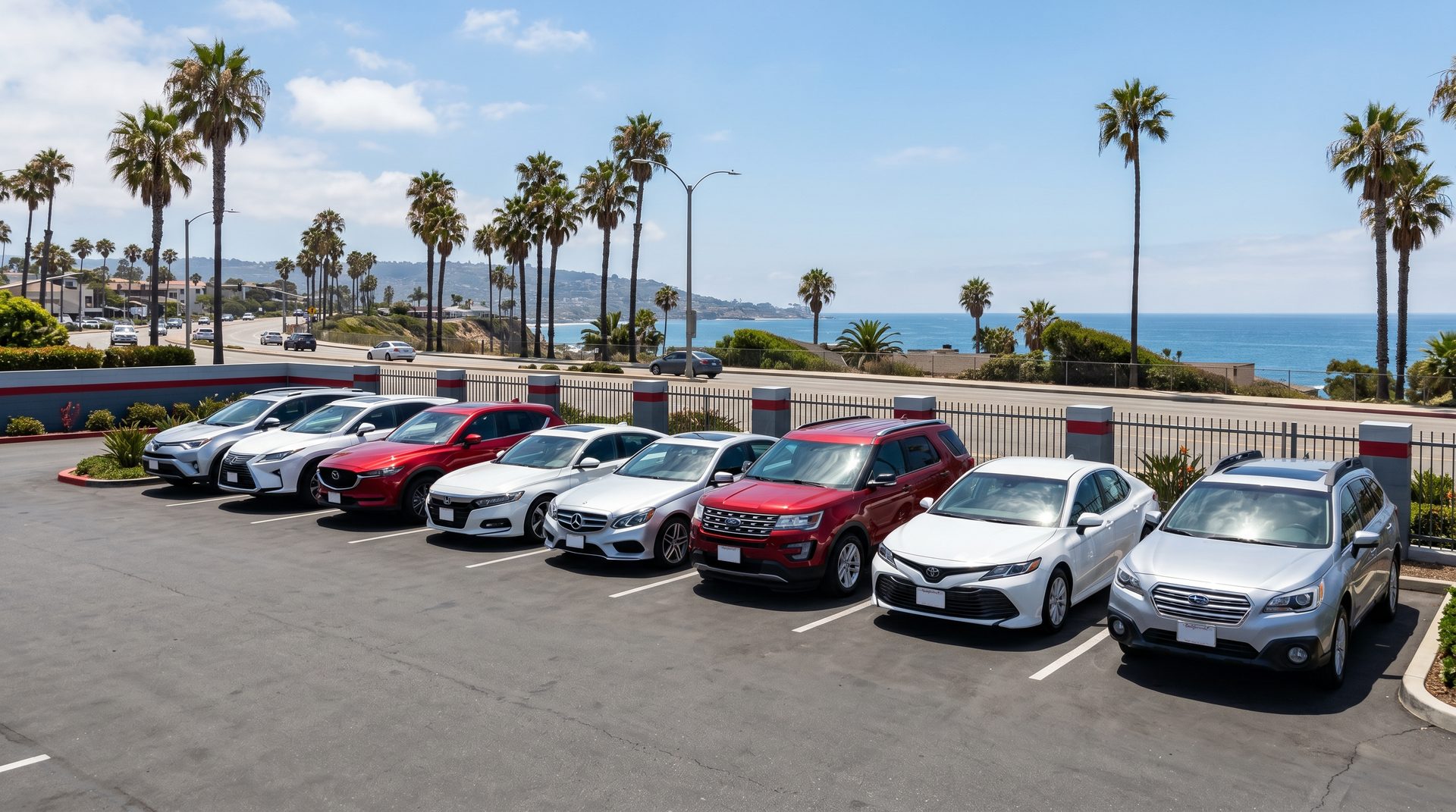 Gleaming pre-owned cars lined up at Malty Automotive on Pacific Coast Hwy