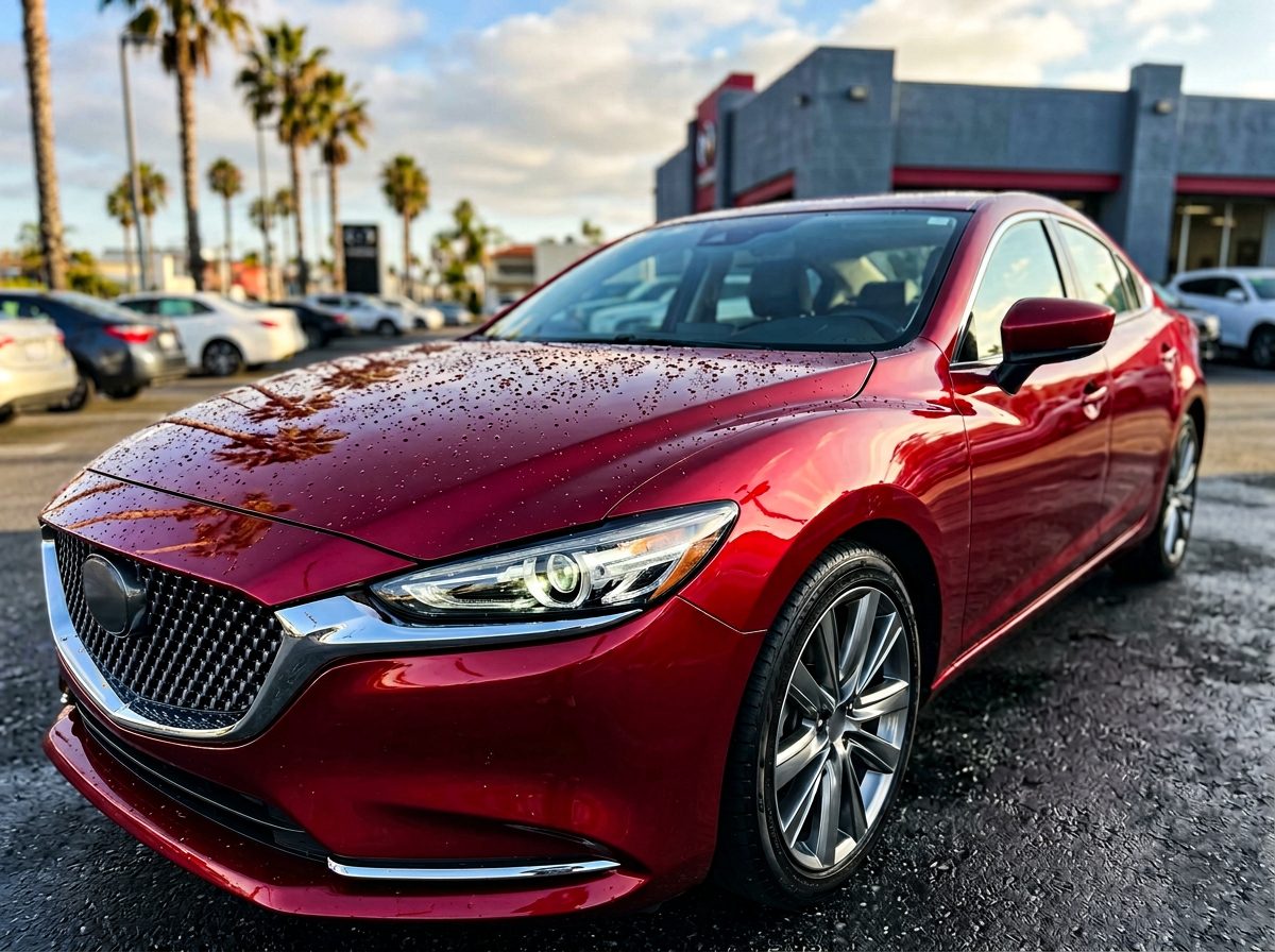 Close-up of a polished pre-owned sedan on the Malty Automotive lot
