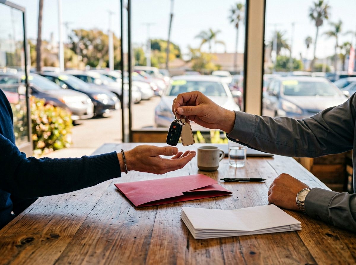 Customer receiving keys at the Malty Automotive sales desk